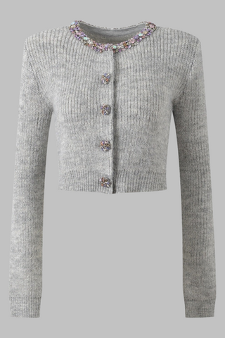 Short Knit Cardigan with Jewel-Embellished Round Neck and Buttons