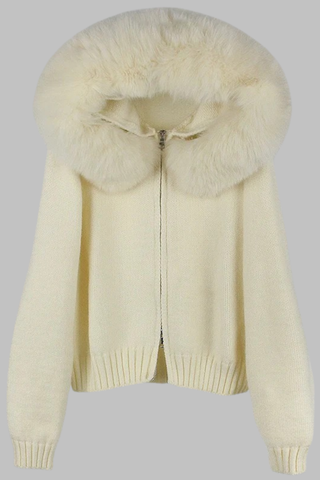 Faux Fur Trimmed Knitted Hooded Cardigan