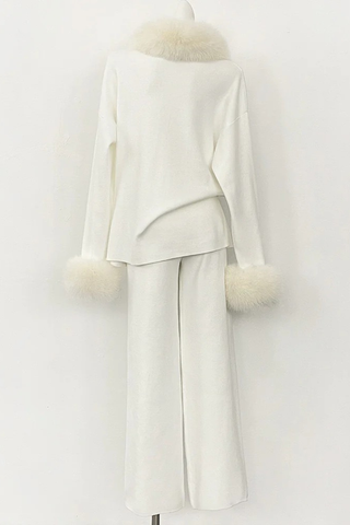Faux Fur Trim Knit Two-Piece Set – Long Sleeve Top & Wide-Leg Pants