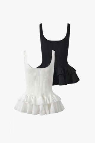 Sleeveless Ribbed Knit Peplum Tank Top with Double Ruffle Hem