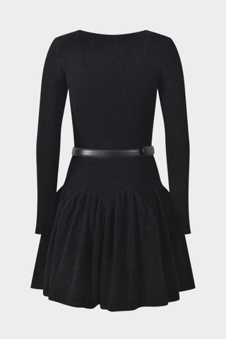 Knitted Long Sleeve Flared Dress with Belt – Soft Winter Knit Mini Dress