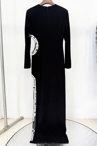 Long Sleeve Black Long Dress with Sequin Cutout Detailing and High Slit