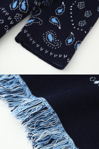 Boho Fringe Knit Cardigan – Jacquard Pattern, Long-Sleeve, Belted Design