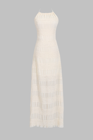 Beige Smocked Halter Long Dress with Sheer  Open Back
