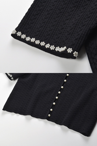 Pearl Trim Ribbed Knit Cardigan with Short Sleeves and Button Front Design