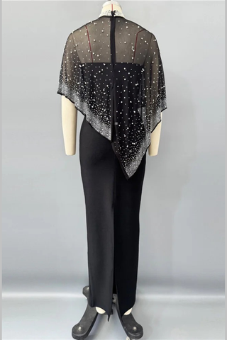 Strapless Bandage Long Dress with Rhinestone Mesh Cape Overlay and High Neck