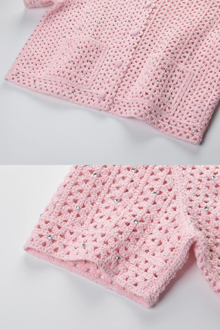 Crochet Button-Up Shirt with Rhinestone Details