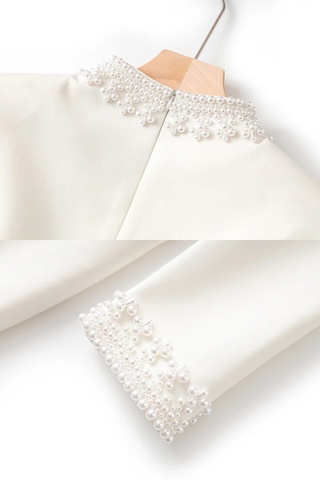 Long Sleeve Mini White Dress with Pearl-Embellished High Neck and Cuffs