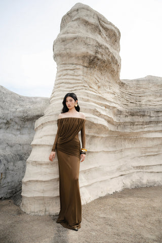 Off-Shoulder Draped Mesh Long Sleeve Long Dress
