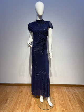 Crystal Draped Cape Neck Short Sleeve Long Dress