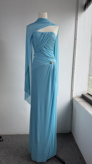 Soft Mesh Draped Strapless Long Dress with Sheer Scarf