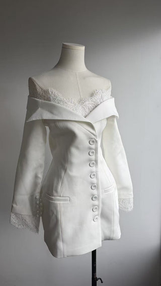 Lace Trim Off-Shoulder Tailored Blazer Mini Dress with Long Sleeves & Button Front