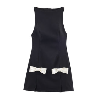 Sleeveless Structured Crepe A-Line Mini Dress with Contrast Bow Design