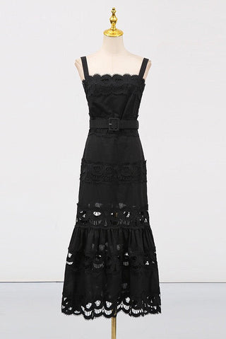 Statement Lace Cutwork Belted Tiered Long Dress