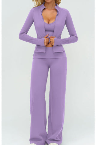 3-Piece Women’s Yoga Set – Cropped Tank, Zip Jacket & Wide-Leg Pants Activewear Set