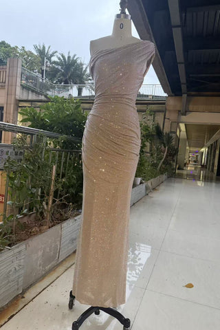 One-Shoulder Shimmer Mesh Long Evening Dress