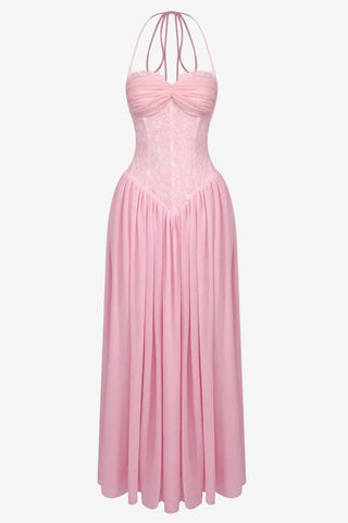 Lace Corset Halter Long Dress – Pleated Chiffon Evening Dress