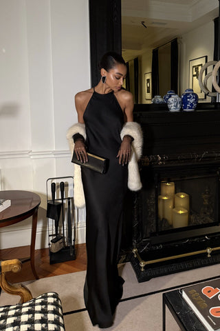 Satin Halter Long Dress with Crystal Open Back Detail