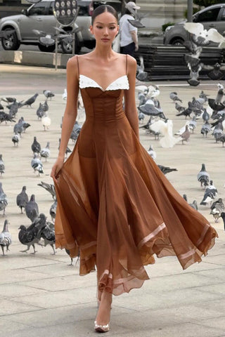 Spaghetti Strap Corset Organza Asymmetric Long Dress with Embroidered Collar Detail