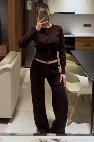 Ribbed Knit Two-Piece Lounge Set – Button Cardigan & Wide-Leg Pants