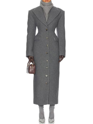 Tailored Button-Front Long Coat – Structured Waist Wool-Blend Style