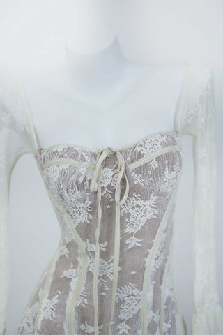 Romantic Lace Corset Midi Dress with Sheer Long Bell Sleeves
