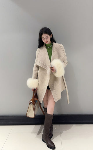 Wrap Belted Wool-Blend Jacket with Fur Cuffs