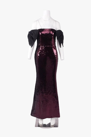 Sequin Bow Off-Shoulder Long Dress – Fitted Evening Gown