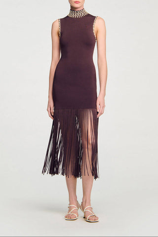 Fringe Knit Midi Dress with Embellished High Neck Detail