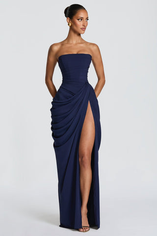 Strapless Ruched Long Dress with Lace-Up Back & High Slit