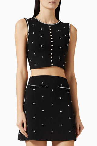 Pearl Accent Knit Two-Piece Set – Sleeveless Crop Top & Mini Skirt