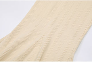 Ribbed Knit Long Dress with Pearl Trim Details & Long Sleeves