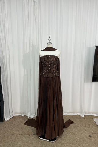 Strapless Sleeveless Beaded Lace Corset Pleated Long Dress with Draped Scarf