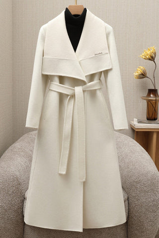 Soft Wool Blend Belted Wrap Long Coat with Wide Collar
