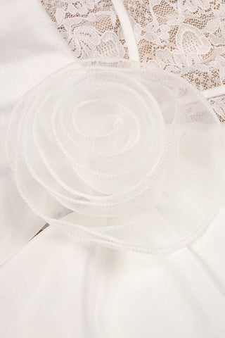 Sleeveless High Neck Lace & Draped Satin Rosette Long Dress