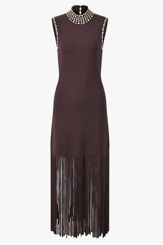 Fringe Knit Midi Dress with Embellished High Neck Detail