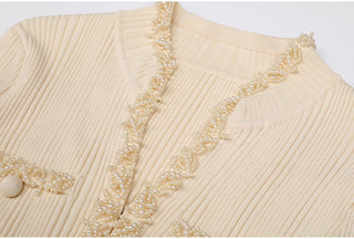 Ribbed Knit Long Dress with Pearl Trim Details & Long Sleeves