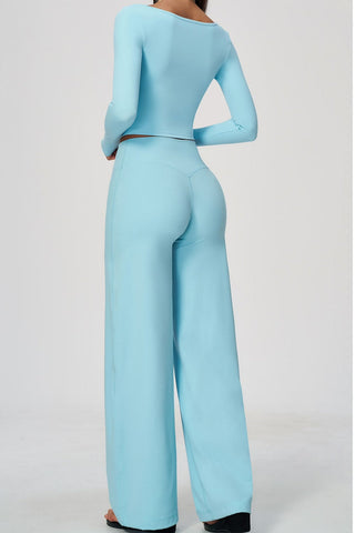 Scoop Neck Long Sleeve Top & Wide-Leg Pants Set