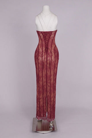 Sheer Lace Corset Strapless Long Dress with Lace-Up Back