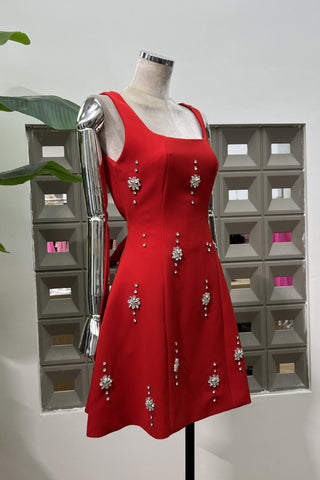Crystal Embellished Open Back Bow Mini Dress