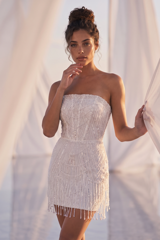 Strapless Beaded Corset Mini Dress with Crystal Fringe Detail