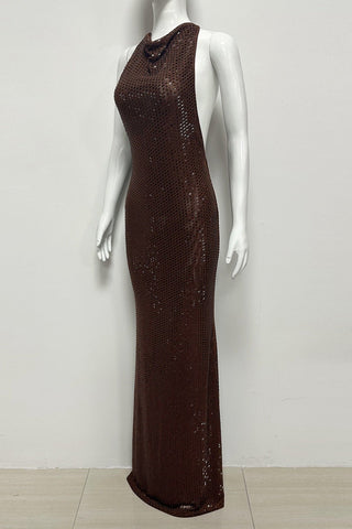 Embellished Cowl Neck Open Back Long Dress