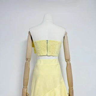 Strapless Lace Appliqué Crop Top & Tiered Asymmetric Long Skirt Set