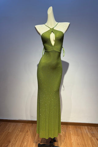 Sparkly Halter Long Dress with Open Back, Bodycon Fit & Rhinestone Details