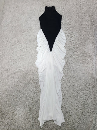Halter Neck Two-Tone Sculpted Bandage Mesh Long Dress