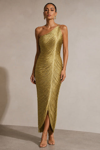 One-Shoulder Metallic Fringe Bandage Midi Dress with Back Slit