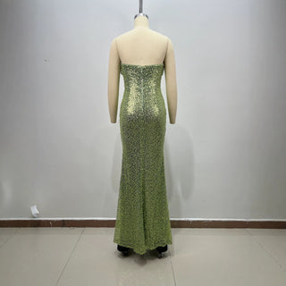 Strapless Sequin Corset Ruched Long Dress
