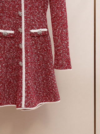 Long Sleeve Short Tweed Knit Dress with Contrast Trim and V-Neck Detail