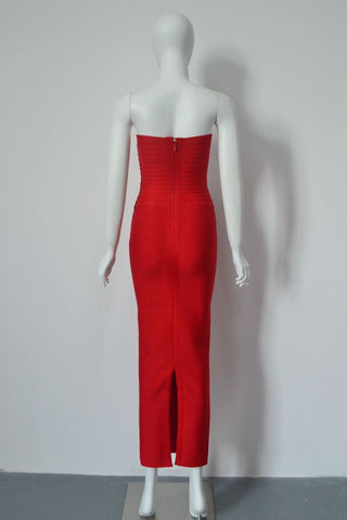 Strapless Bandage Midi Dress with Sculpted Sweetheart Neckline and Bodycon Fit