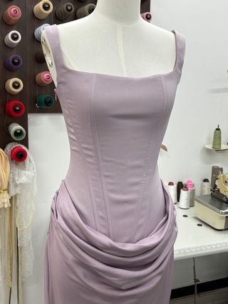 Structured Corset Back Long Dress with Draped Silhouette